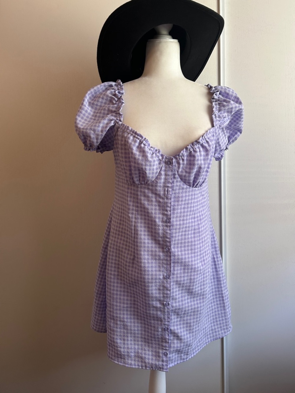 H&M Lavender Gingham Puff-Sleeve mini dress